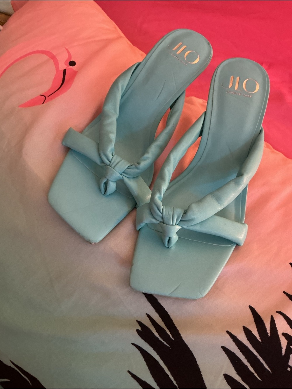 J Lo Jennifer Lopez Aqua Blue Knot-Front Square-Toe Puffy Sandal Size 10